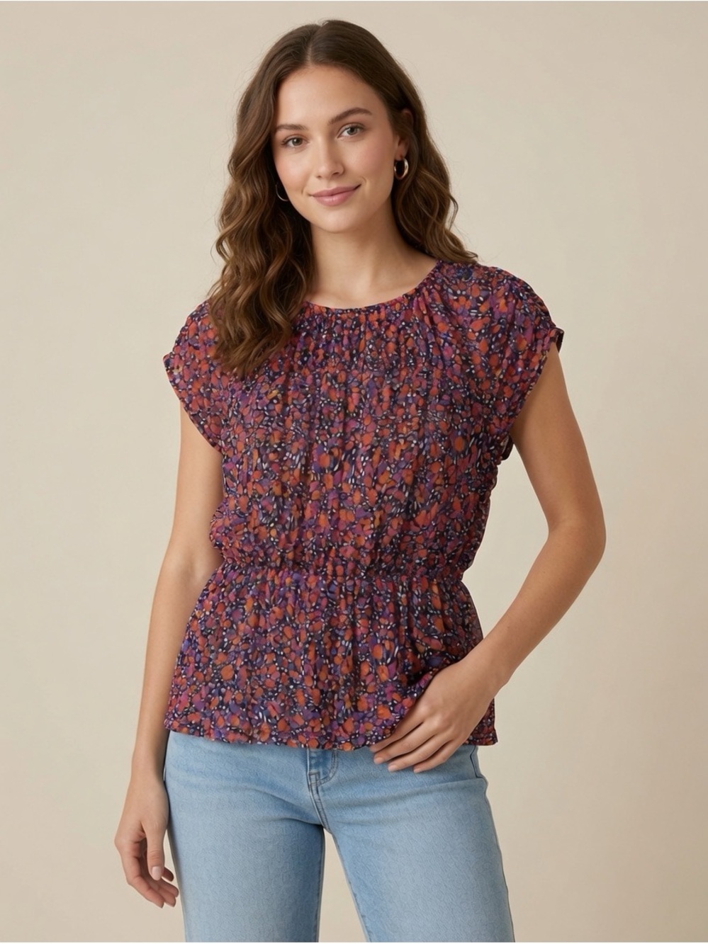 Nine West Multi-Color Floral Ruffled Smocked Top Size S